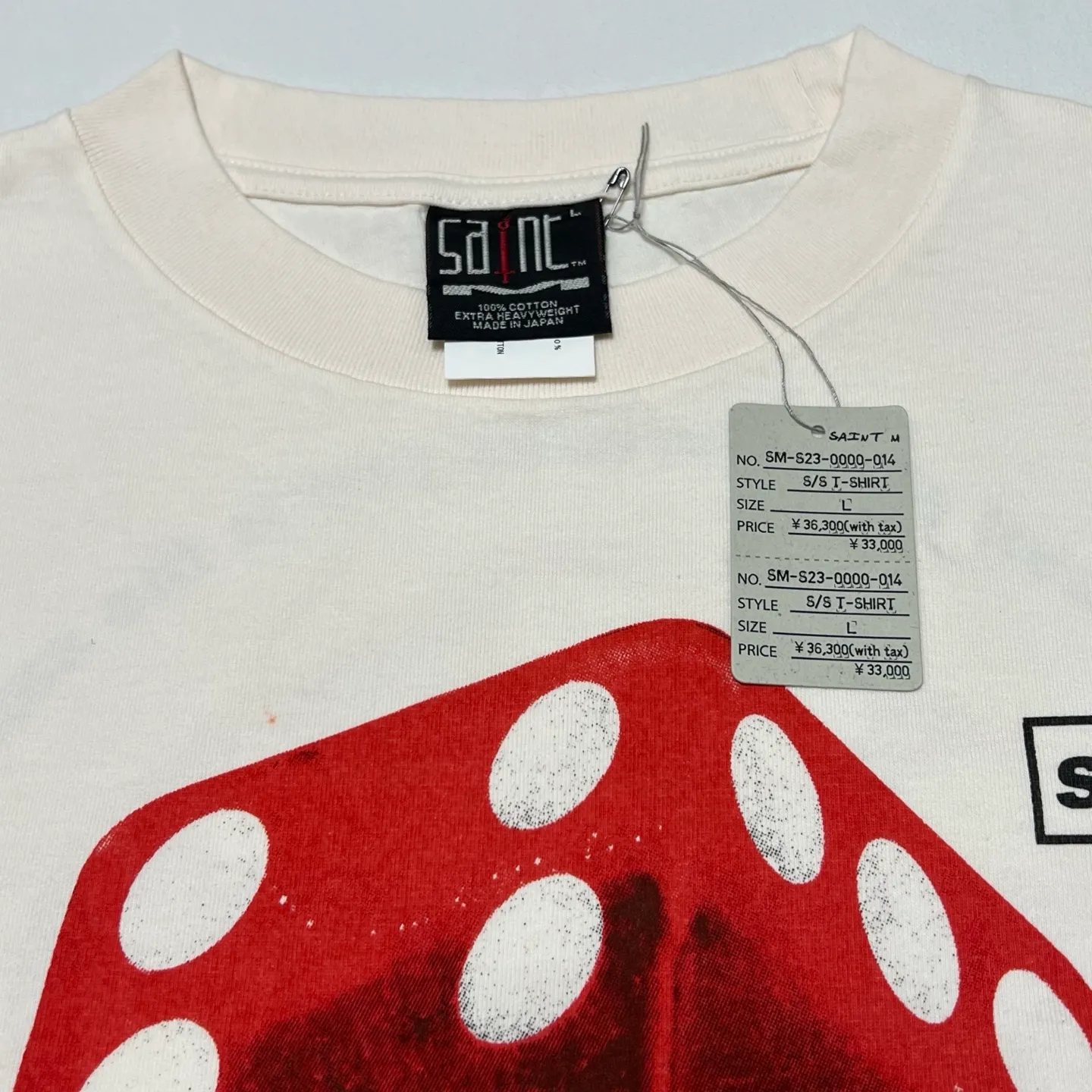 SAINT Mxxxxxx CIRCLE TEE/WHT SAINT dice printed washed short sleeves off-white S-XL cylindrical side seam fabric high weight cylindrical woven tee original development highly restored printing VINTAGE black label/wash label code correct/tag code correct Invincible details Top purchasing level